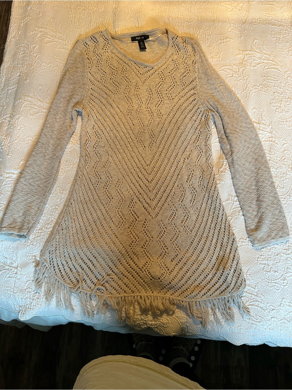 Style & Co. Openwork Knit Fringe-Hem Tunic in Light Beige